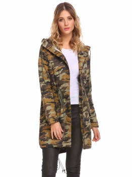 

Army green Hooded Long Sleeve Elastic Straps Waist Drawstring Warm Winter Coat Outwear, Multicolor