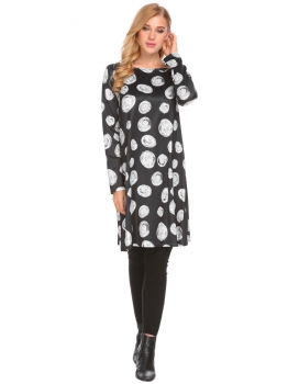 

Black white Women Casual Tunic T Shirt Loose Dress Round Neck Long Sleeve Print Casual Dress, Multicolor
