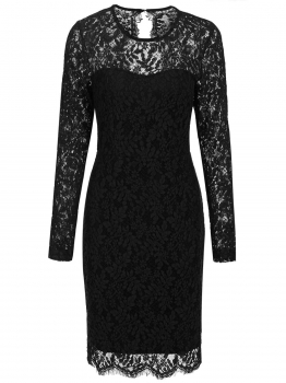 

Black Women Fashion Lace O-Neck Back Hole Bodycon Slim Pencil Dress Long Sleeve, Multicolor