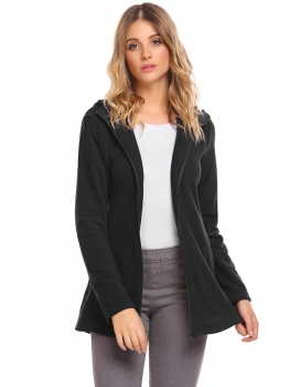

Black Fleece Hooded Long Sleeve Zipper Warm Jacket with Side Pockets, Multicolor