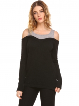 

Black Women Casual Cold Shoulder Long Sleeve Pullover Knit Sweater Contrast Color, Multicolor