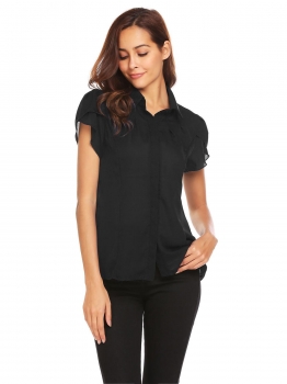 

Black Women Turn Down Collar Petal Sleeve Casual Loose Button Shirt, Multicolor