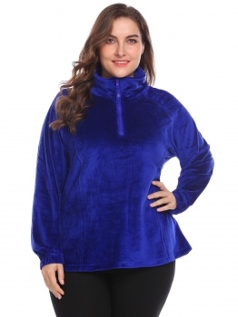 

Blue Women Turtleneck Zipper Fleece Solid Casual Pullover Sweatshirt Plus Size, Multicolor