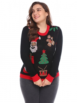 

Black Women Plus Size O-Neck Long Sleeve Christmas Santa Pattern Pullover Sweater Knit Tops, Multicolor