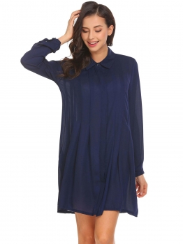 

Navy blue Women Long Sleeve Pleated Casual Loose Fit Solid Chiffon Button Down Shirt Dress, Multicolor