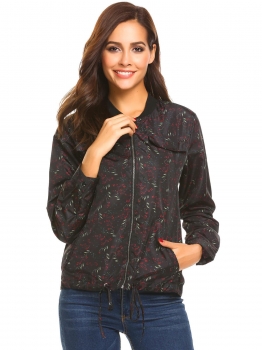 

Black Women Lightweight Zip Up Floral Drawstring Hem Casual Loose Jacket, Multicolor