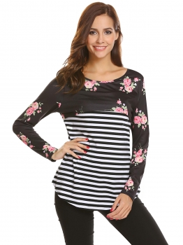 

Black Women Long Sleeve Floral Striped Breast-feeding Maternity Nursing Tops, Multicolor