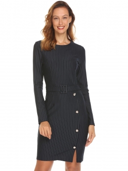 

Blue Women Round Neck Long Sleeve Striped Slim Waist Button Belt Bodycon Pencil Dress, Multicolor