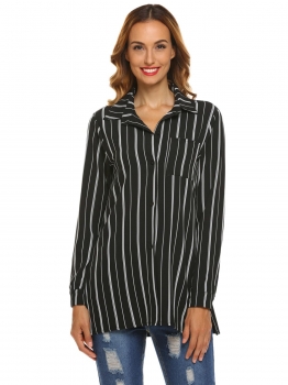 

Black Women Casual Button Down Shirt Turn Collar Striped Loose Long, Multicolor