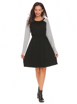 

Black Women Casual O-Neck Long Sleeve Elastic Waist A-Line Pleated Causal Dress, Multicolor