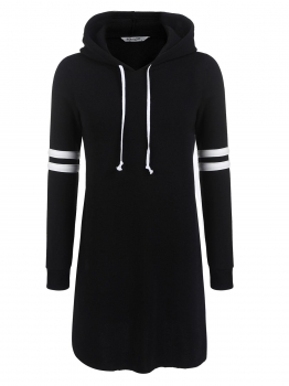 

Black Women Drawstring Hooded Casual Long Sleeve Fleece Lined Pullover Hoodie Dress, Multicolor