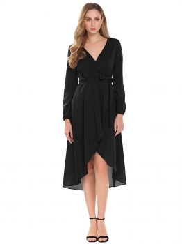 

Black Women Wrap Front V-Neck Long Sleeve Belted Chiffon Asymmetrical Midi Dress, Multicolor