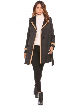

Black Women Long Jacket Outwear Lapel Sleeve Double Breasted Belted Coats, Multicolor