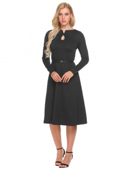 

Black Women Fashion V-Neck Long Sleeve Solid Keyhole Midi Dress with Belt, Multicolor