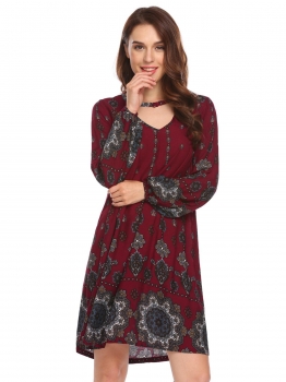 

Wine red Button Choker Neck Keyhole Pleated Floral Print Party Dress, Multicolor