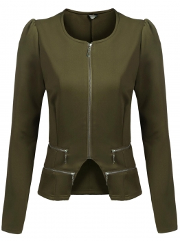 

Army green O-Neck Zip Up Long Sleeve Solid Short Irregular Slim Casual Jacket, Multicolor