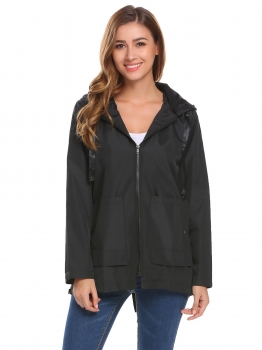 

Black Women Hooded Long Sleeve Front-Zip Rain Raincoat Jacket, Multicolor