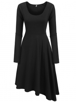 

Black Scoop Neck Long Sleeve Print Fit and Flare Asymmetrical Casual Dress, Multicolor