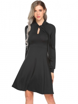 

Black Women High Waist Solid Long Sleeve A Line Lace Up Stand Collar Dress, Multicolor