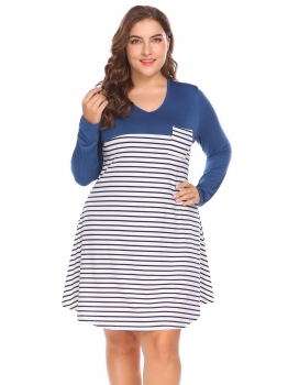 

Blue Women V-Neck Long Sleeve Striped Casual Loose Fit Tunic Dress with Pocket Plus, Multicolor