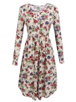 

White Women O-Neck Long Sleeve Button Décor Floral Fit and Flare Casual Dress, Multicolor