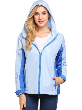 

Blue Women Hooded Long Sleeve Front-Zip Lightweight Rain Jacket Raincoat, Multicolor