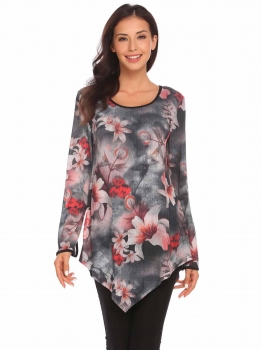 

Green Women Casual O-Neck Long Sleeve Prints Asymmetrical Hem Loose Sexy Blouse T-shirt Tops, Multicolor