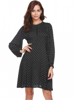 

Black Women Long Sleeve Button Front Print Fit and Flare Casual Shirt Dress, Multicolor