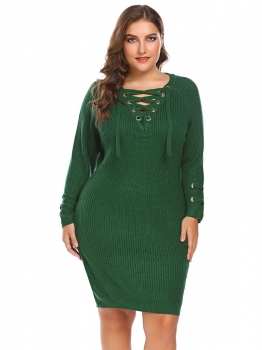 

Green Women Long Sleeve Cozy Lace Up Knit Sweater Dress, Multicolor