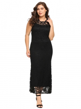 

Black Elegant Sleeveless Floral Lace Long Evening Dress Plus Size, Multicolor