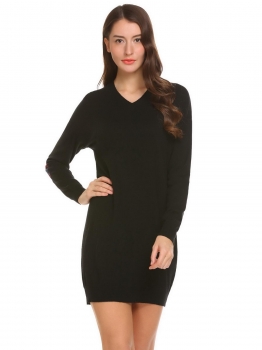 

Black Women Casual V-Neck Long Sleeve Patchwork Elbow Patch Thread Hem and Cuffs Casual Dress, Multicolor