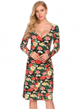 

Black Women Casual Wrap Split V Neck Long Sleeve Floral Printed Retro Pencil Dress, Multicolor