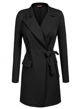 

Black Lapel Open Front Wrap Belted Casual Long Trench Coat w" Shoulder Padded, Multicolor