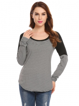 

Black Women Casual Round Neck Long Sleeve Striped Contrast Color Basic Tee T Shirt, Multicolor