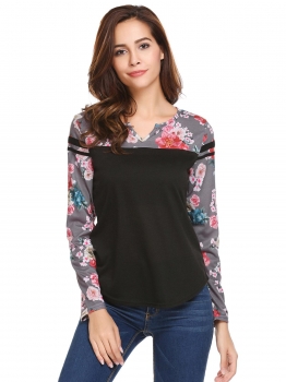 

Black Women Casual V-Neck Long Sleeve Patchwork Regular Fit Pullover Sexy Blouse T-shirt Tops, Multicolor