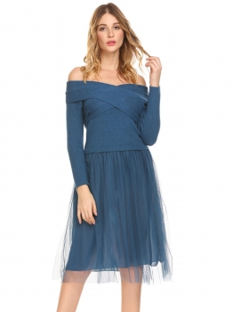 

Dark blue Off Shoulder Cross Bandage Tulle Pleated Dress, Multicolor