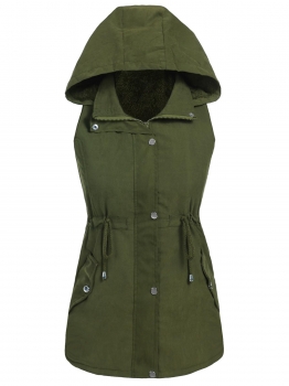 

Army green Women Detachable Hooded Drawstring Waist Fleece Lined Puffy Jacket Vests, Multicolor