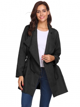 

Black Women Draped Lapel Long Sleeve Drawstring Waist Windbreaker Trench Coat Cardigan, Multicolor