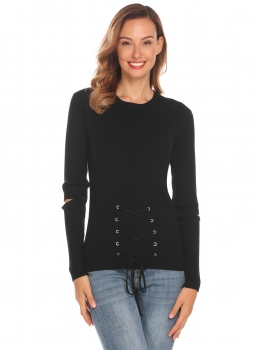 

Black Women Open Elbow Sleeve Lace Up Front Slim Fit Thin Knit Pullover Sweater, Multicolor
