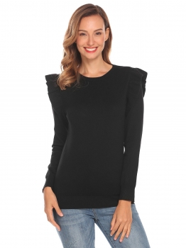 

Black Women O-neck Long Sleeve Ruffles Décor Solid Slim Fit Thin Knit Pullover Casual Top, Multicolor