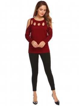 

Wine red Women Cold Shoulder Long Sleeve Hollow Out Pullover Sweater, Multicolor