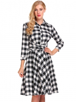 

White Turn-down Collar 3"4 Sleeve Plaid A-Line Pleated Casual Dress, Multicolor