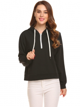 

Black Casual Hooded Long Sleeve Loose Drawstring Zipper Hoodie, Multicolor