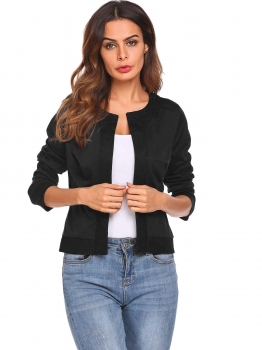 

Black Women O-Neck Open Front Lace Patchwork Slim Fit Short Casual Office Jacket, Multicolor