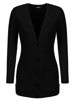 

Black Women Casual V Neck Long Sleeve Solid Button Front Knit Cardigan Sweater, Multicolor