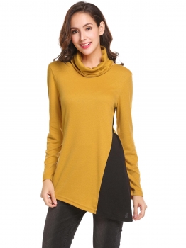 

Golden Yellow Women Casual Turtle Neck Long Sleeve Contrast Color Asymmetrical Hem Sexy Blouse T-shirt Tops, Multicolor