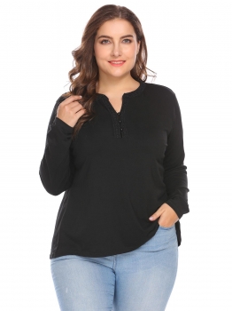 

Black Women Notch Neck Long Sleeve Lace Patchwork Casual T-Shirt Top Plus Size, Multicolor