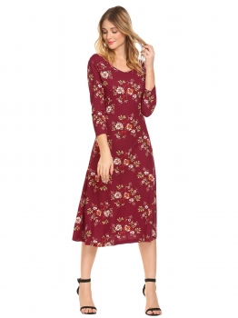 

Red V Neck 3"4 Sleeve Back Cross Bandage Floral Printed Loose Pleated Casual Dress, Multicolor