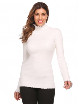 

Beige Women Turtleneck Flare Sleeve Slim Fit Ruffles Hem Thin Knit Sweater, Multicolor