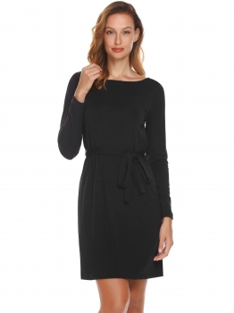 

Black Women Round Neck Long Sleeve Back Keyhole Solid Casual Dress w" Belt, Multicolor